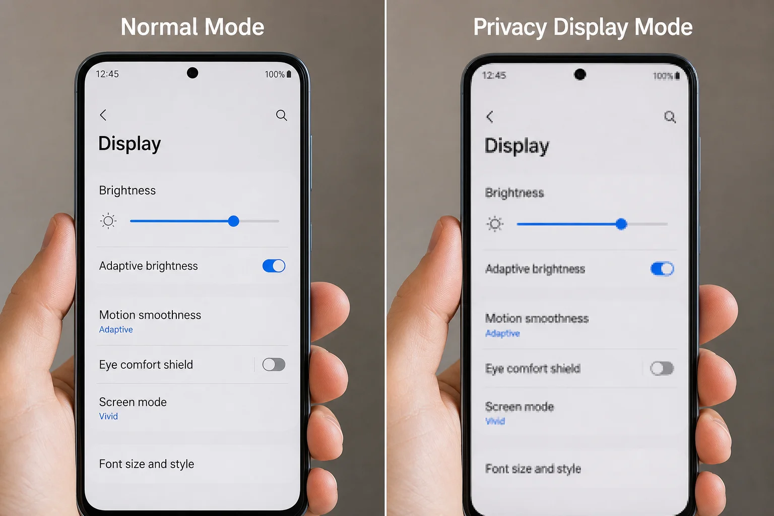 Smartphone display showing privacy mode enabled with reduced resolution and blocky text edges