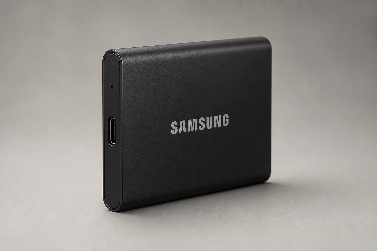 六款外接式 SSD 依效能等級排列在髮絲紋鋁合金表面上
