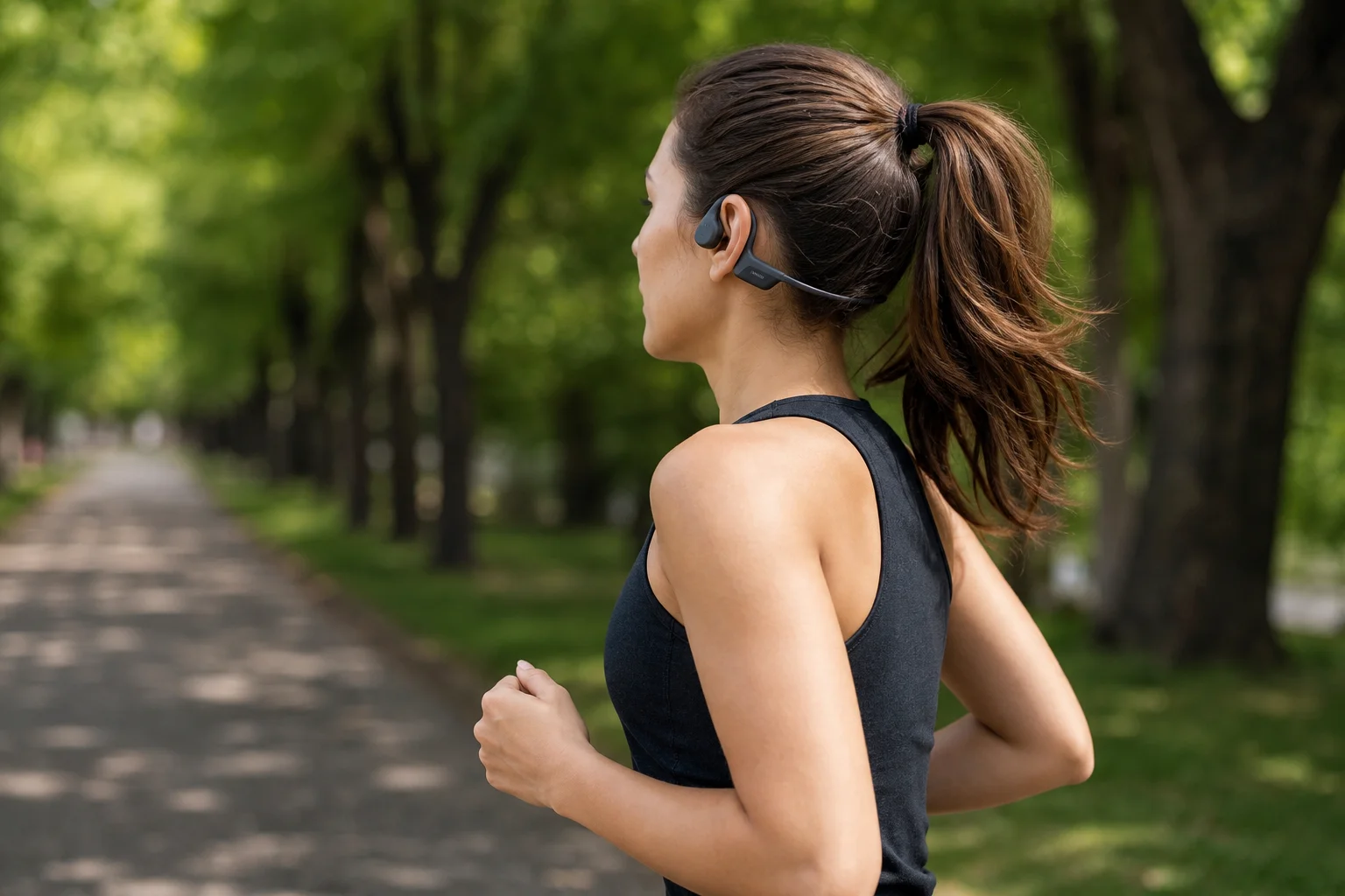 Runner jogging outdoors on tree-lined path wearing bone conduction headphones
