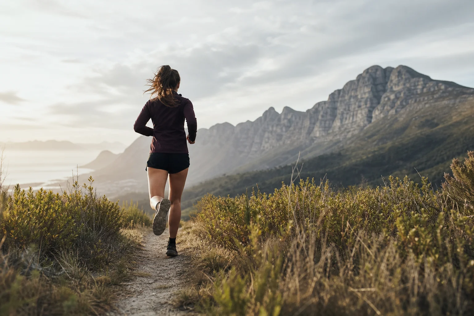 Runner in motion on outdoor trail with natural surroundings