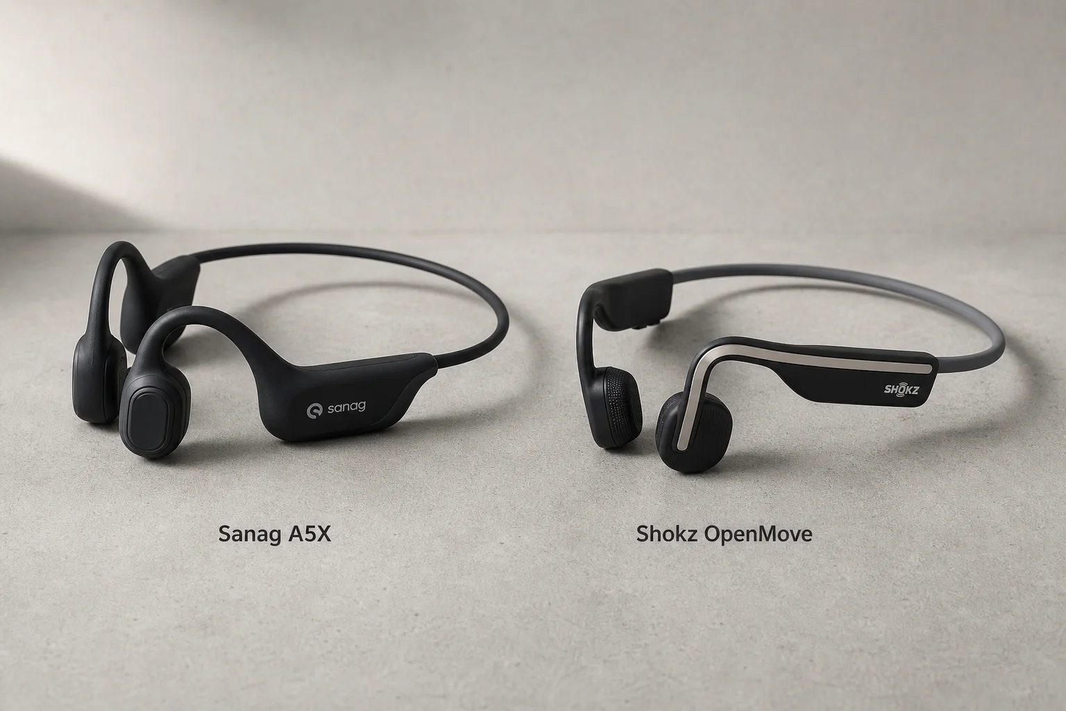 Sanag A5X and Shokz OpenMove bone conduction headphones on concrete surface