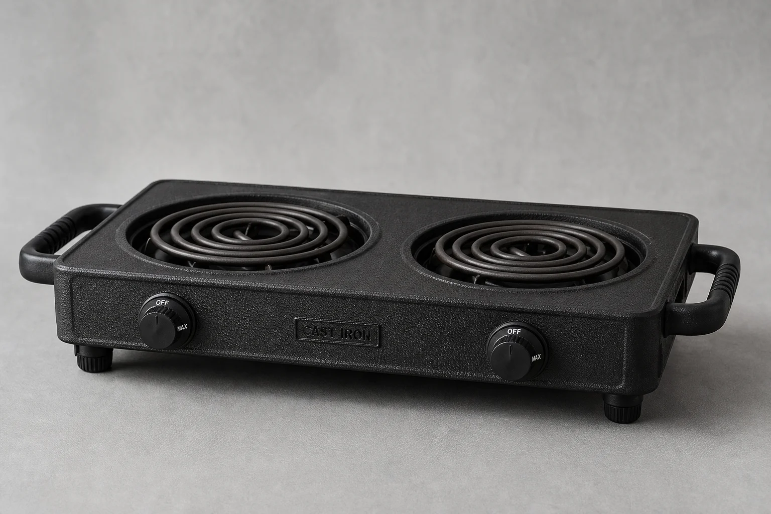 Five portable electric stoves displayed on grey concrete surface