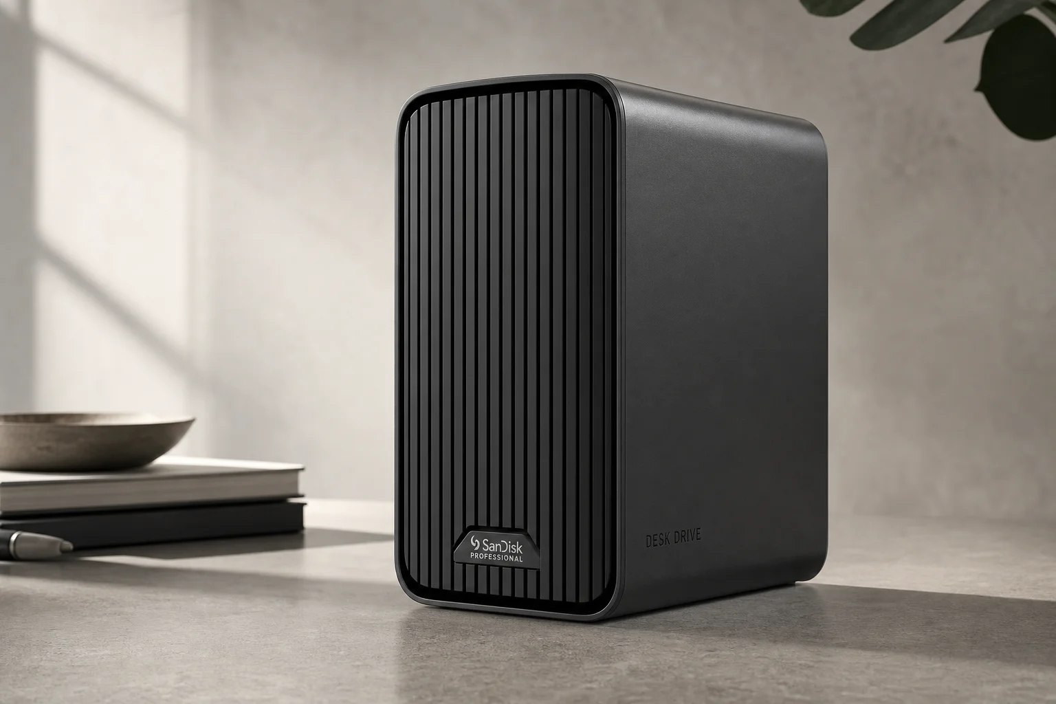 一台 Mac 電腦搭配外接式 SSD 與硬碟放置於桌面上
