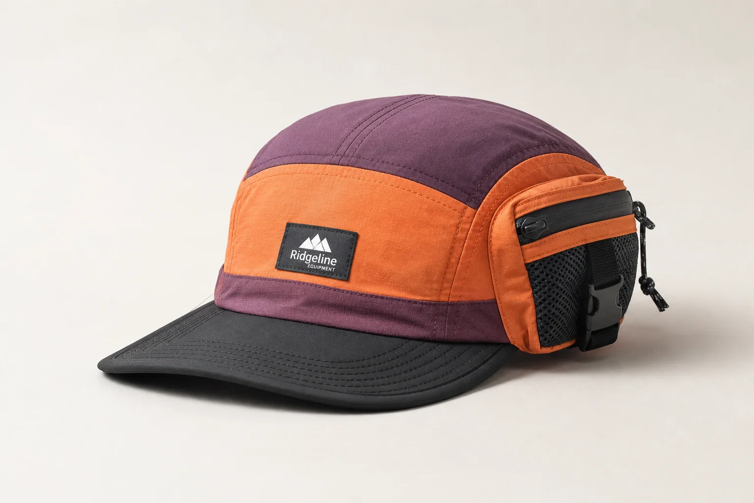 Collection of nine running caps in various styles and colors on neutral background