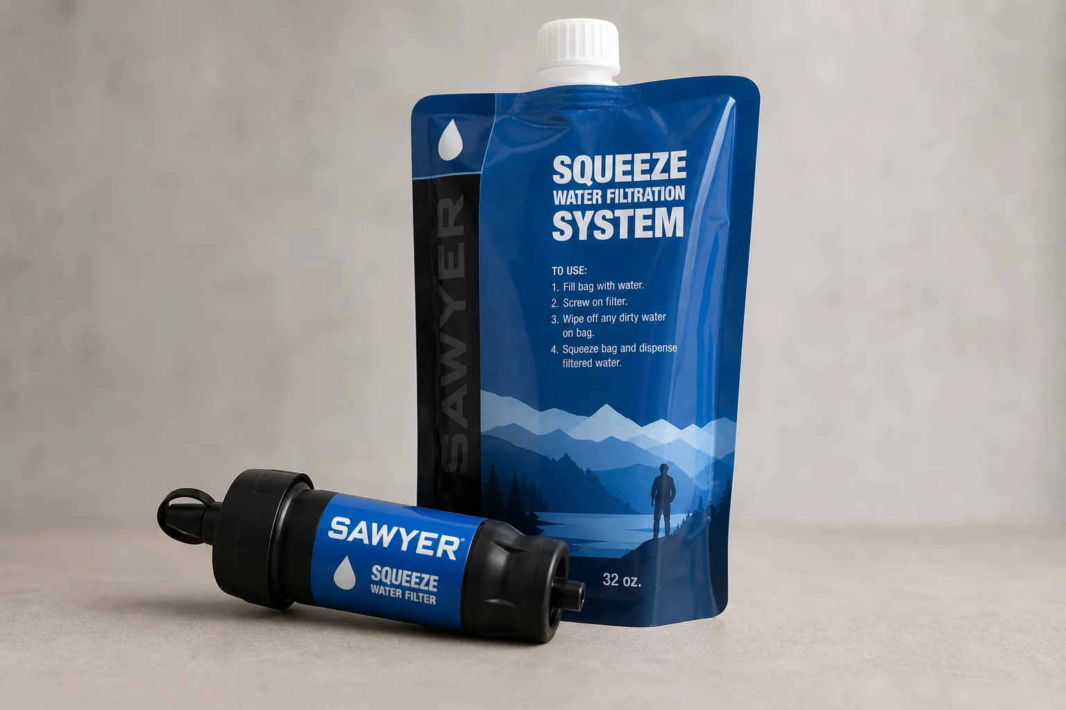 Hiking water gear including bladder, bottles, filter, and reservoir arranged on neutral surface