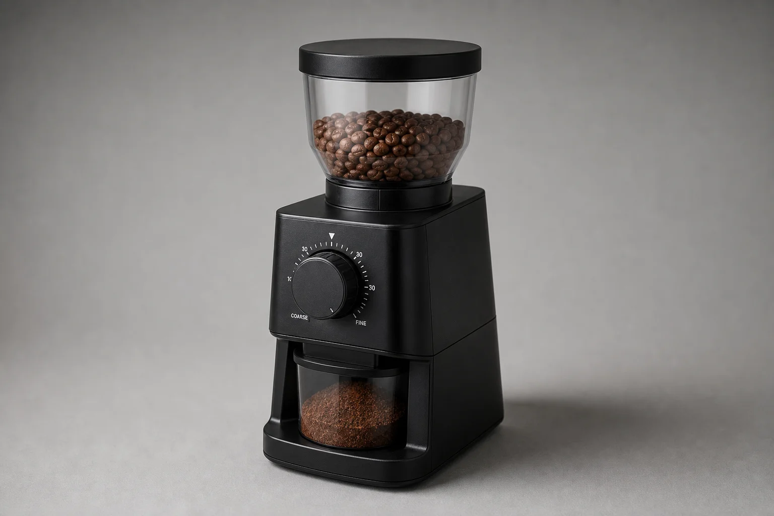 Three coffee grinders from budget to professional grade arranged on concrete