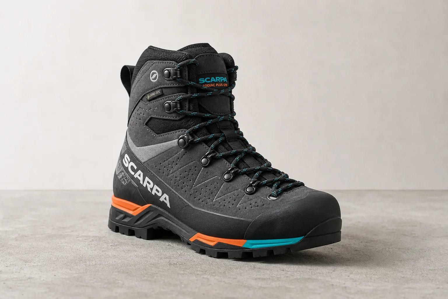 Seven hiking boots arranged on concrete surface representing different styles and purposes