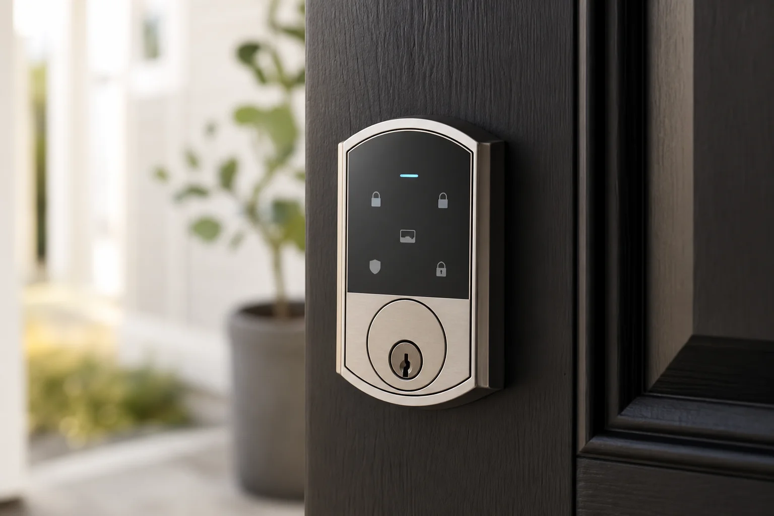 Smart home devices including hub, streaming device, thermostat, lock, and lights on a desk