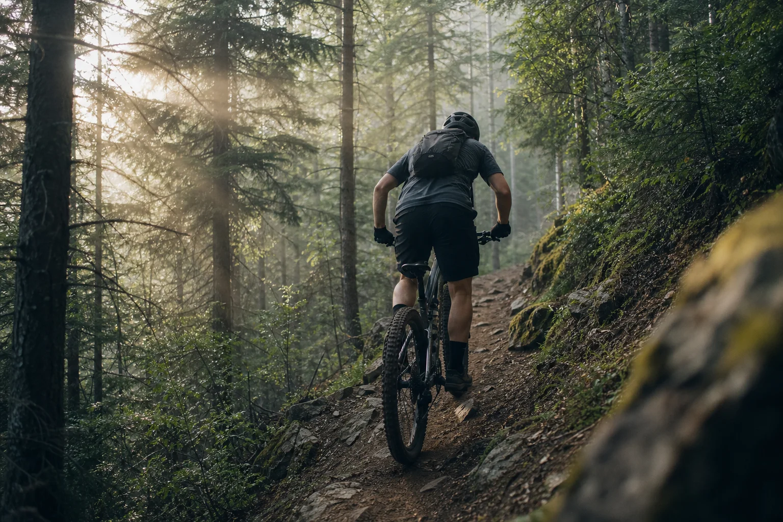 Ciclista de montaña subiendo por un sendero empinado a través de un bosque con la luz de la mañana