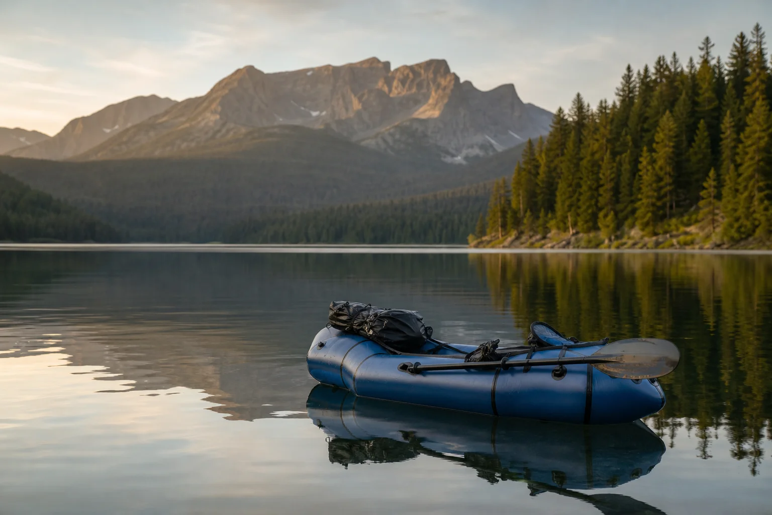 Packraft on calm water with mountains in the background