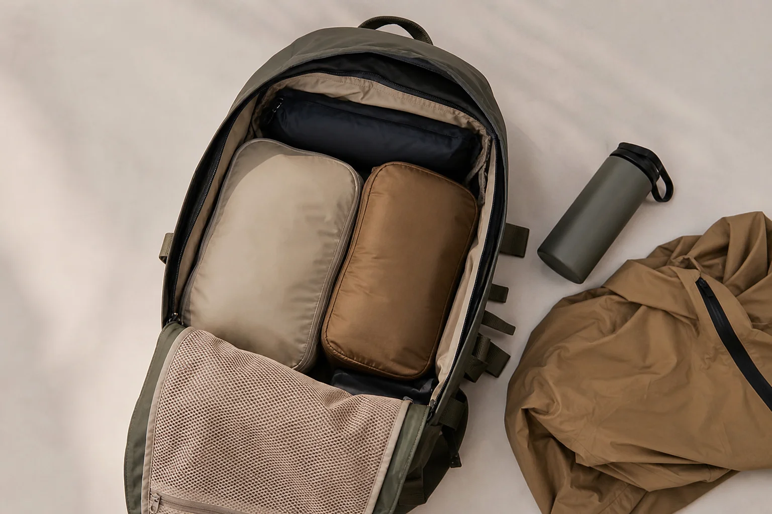 Overhead view of packed backpack with gear organized inside