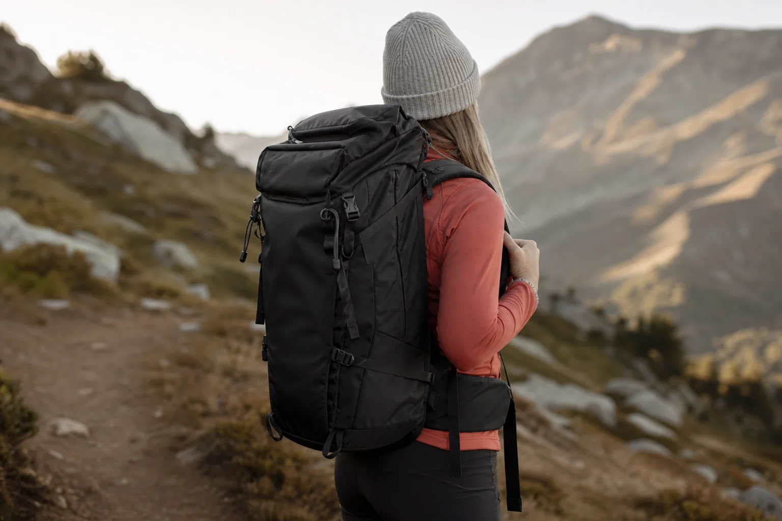 Hiker or adventurer carrying a large backpack on a trail