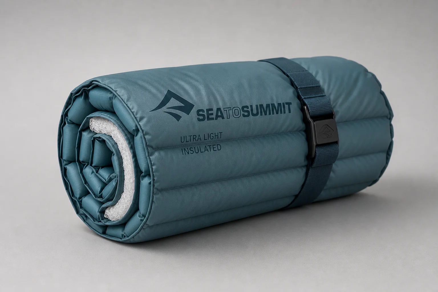 三款不同尺寸的 Sea to Summit 睡墊捲起後放置在水泥地上的展示畫面