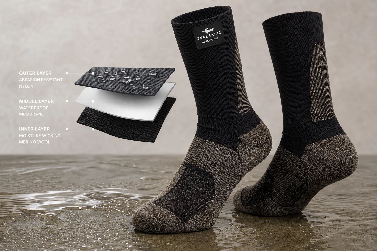 Five pairs of hiking socks in different styles and colors arranged on concrete