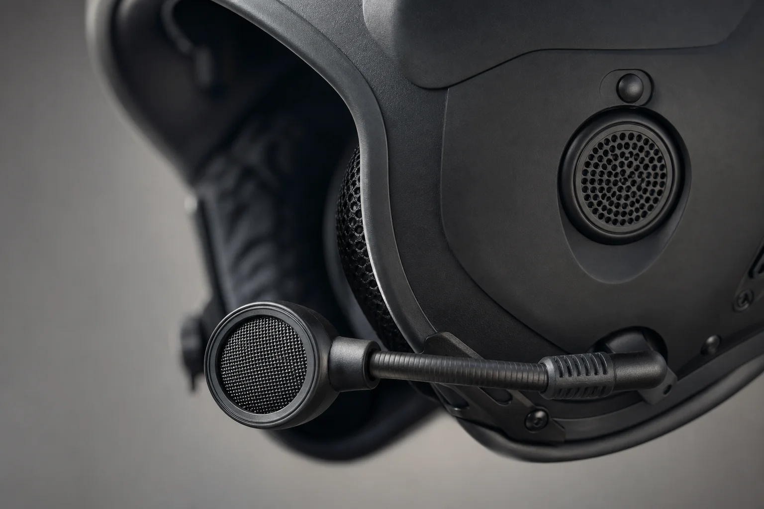 Close-up of a communication helmet's microphone and speaker placement