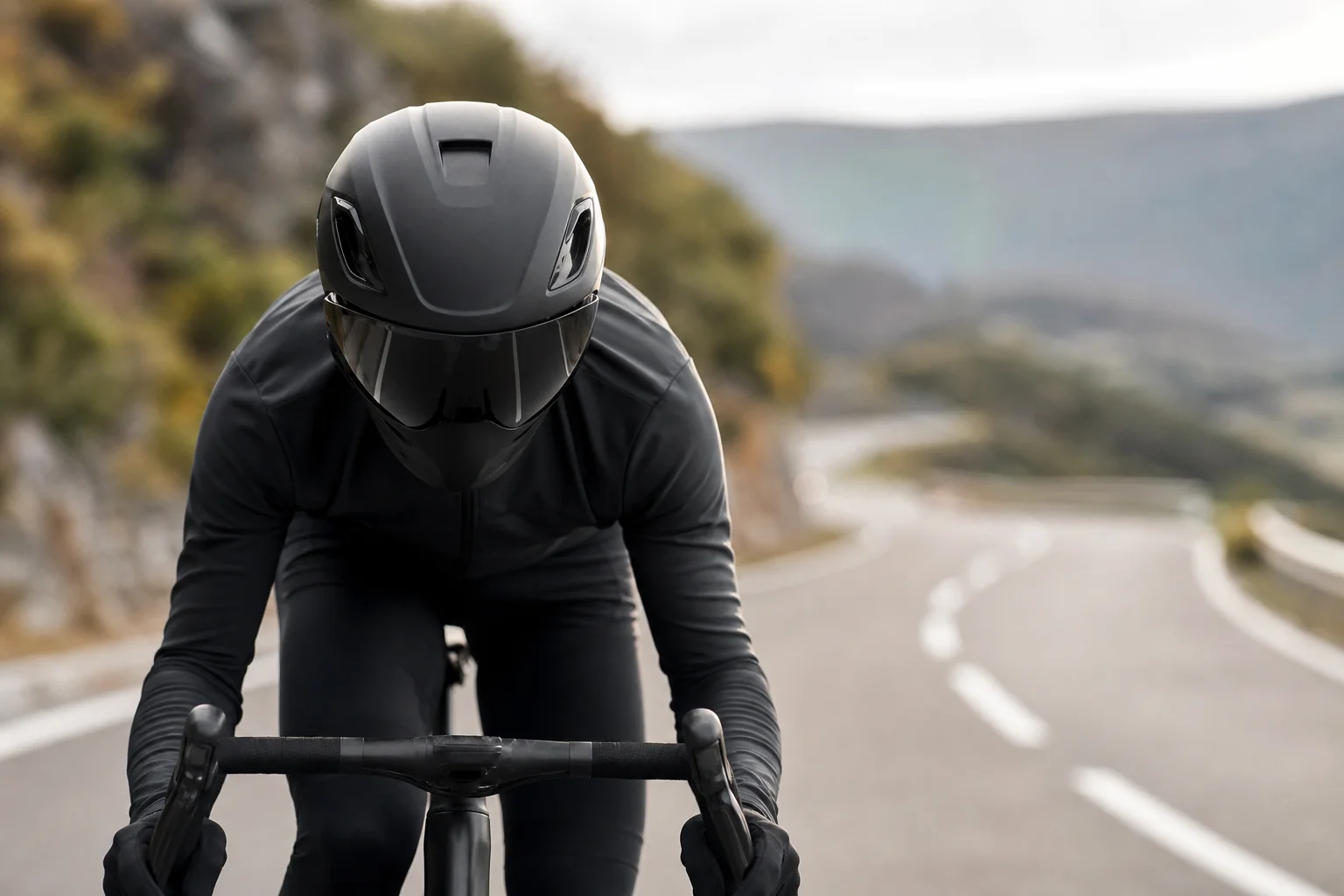 Cyclist wearing a full-shell helmet with visor on a winding road