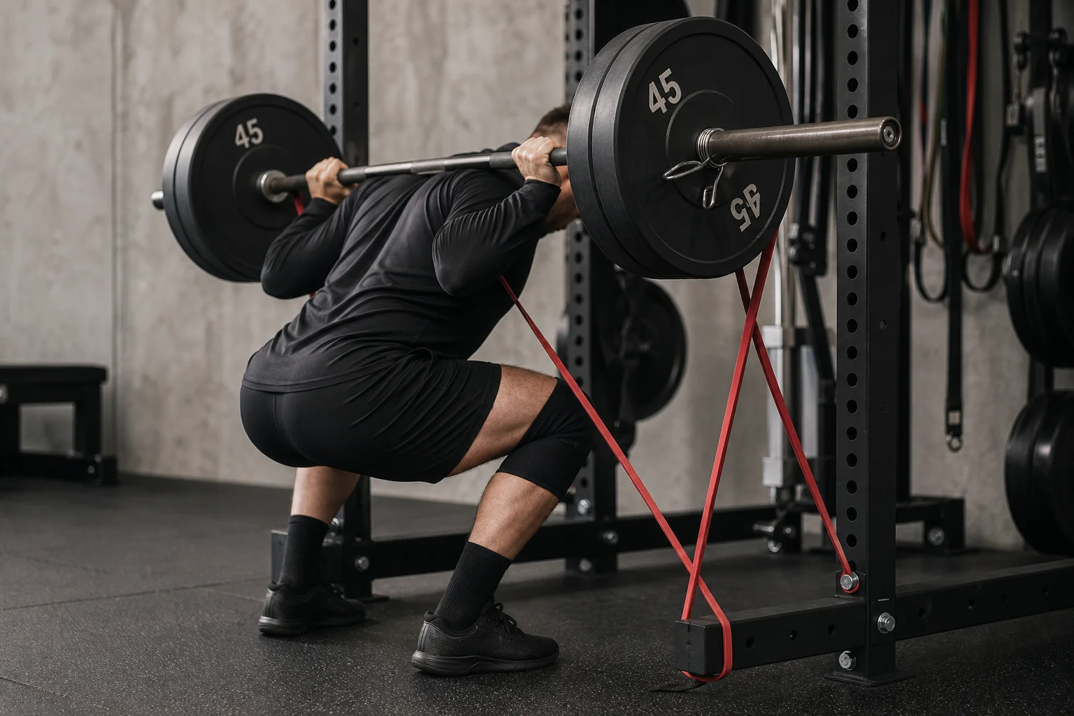 Person performing a barbell squat with resistance bands looped around a rack