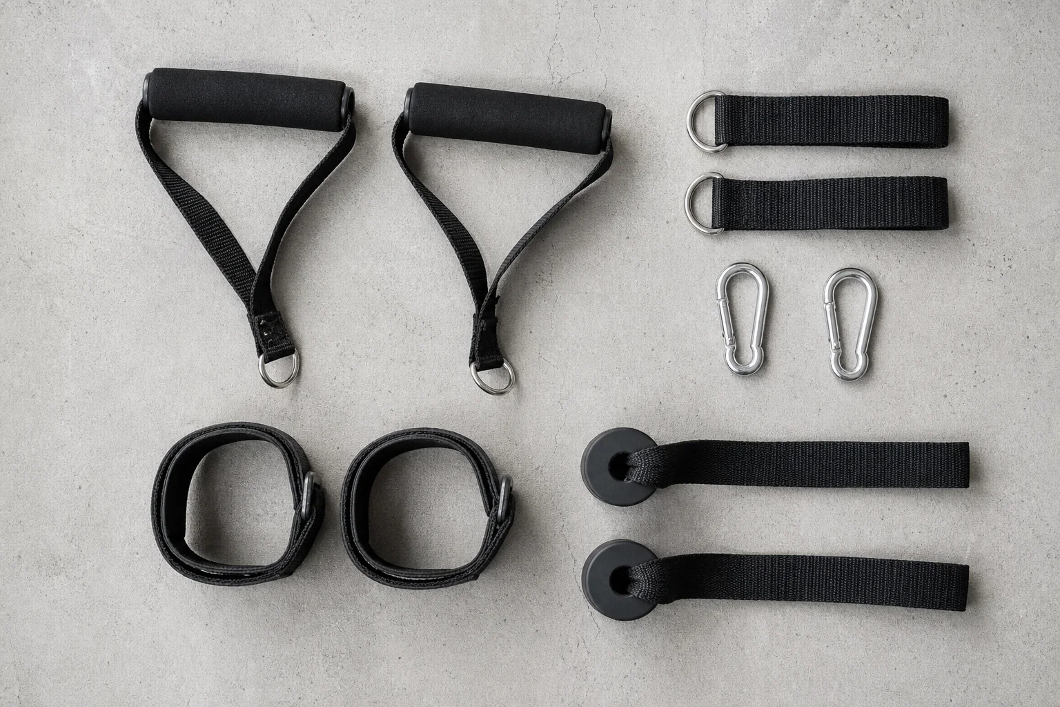 Overhead view of resistance band accessories laid out on a concrete surface