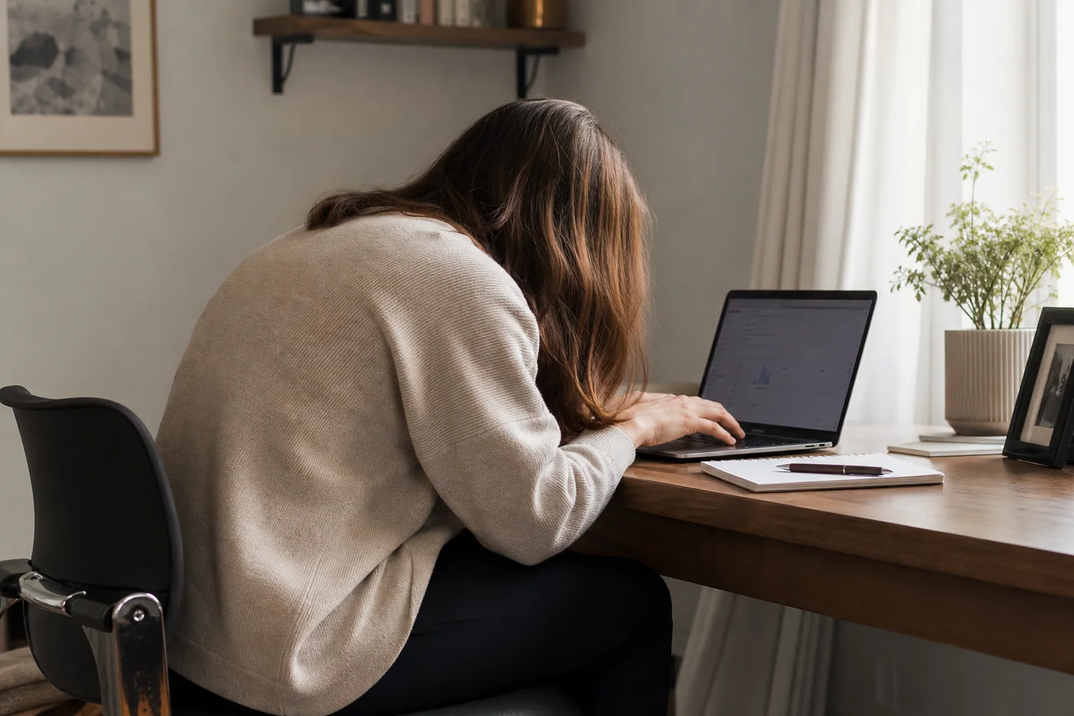 Home office worker with poor posture hunched over a laptop at a fixed-height desk