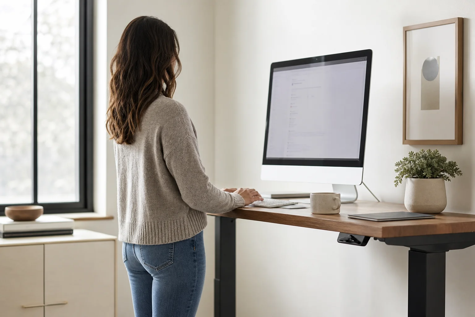Person standing at elevated desk with improved posture and proper screen alignment