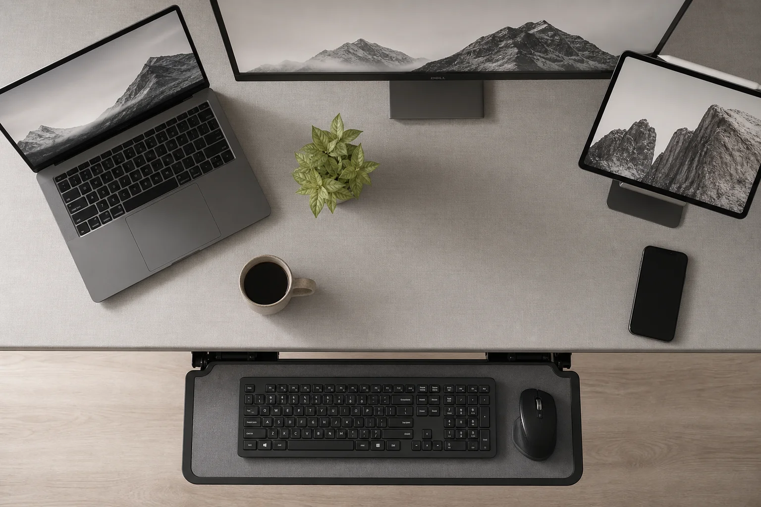 Overhead view of standing desk workspace with laptop, monitor, tablet stand, and keyboard tray