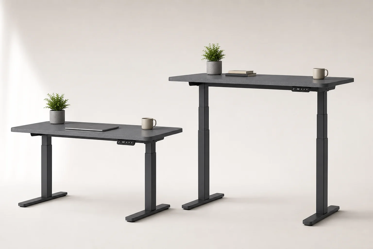 Seville Classics AIRLIFT electric standing desk in heather gray shown at sitting and standing heights