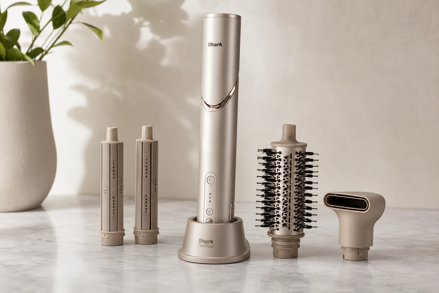 Dyson Airwrap 與 Shark FlexStyle 美髮造型工具及其配件並排展示