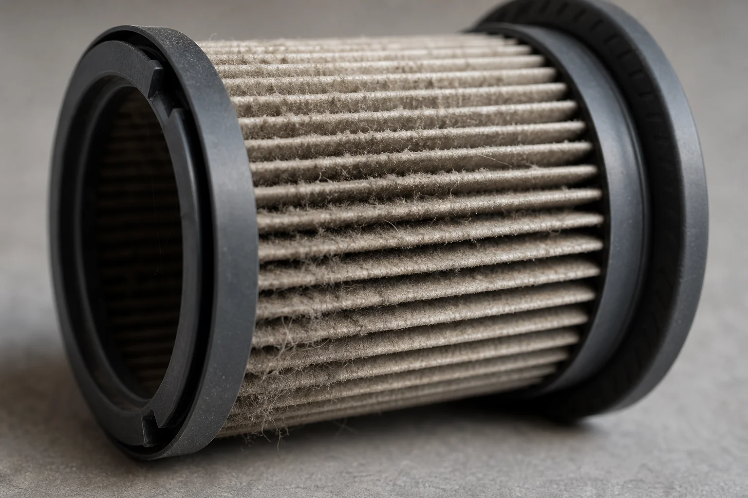 Close-up of vacuum filter showing dust accumulation and pleating detail