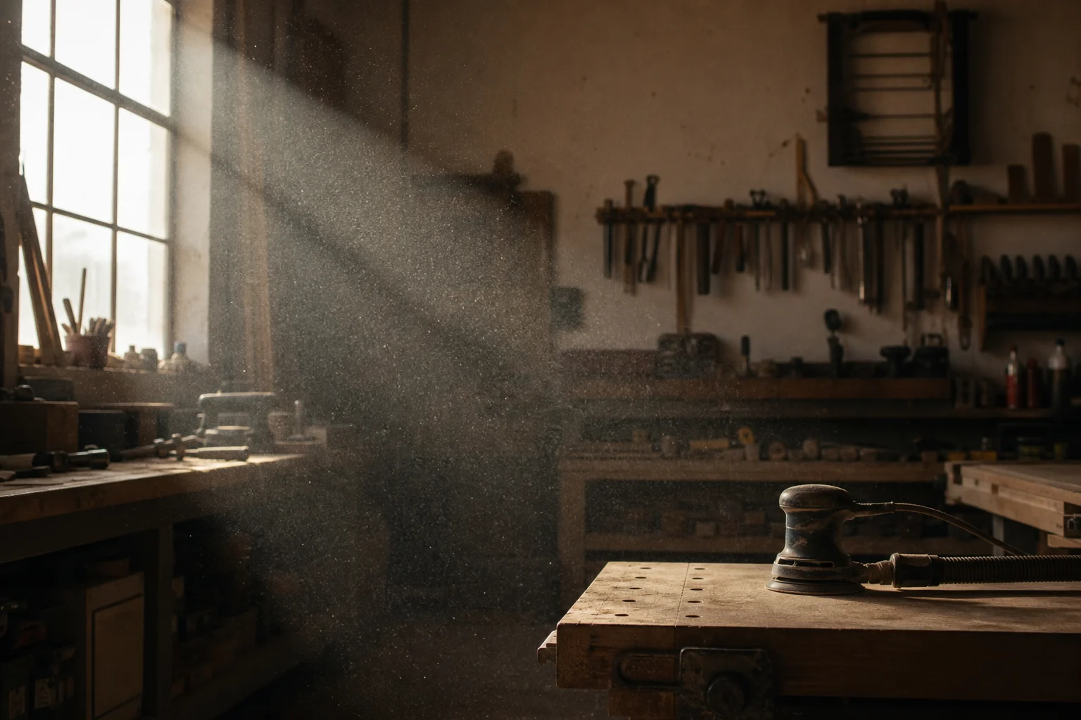 Workshop air quality scene with dust particles visible in light