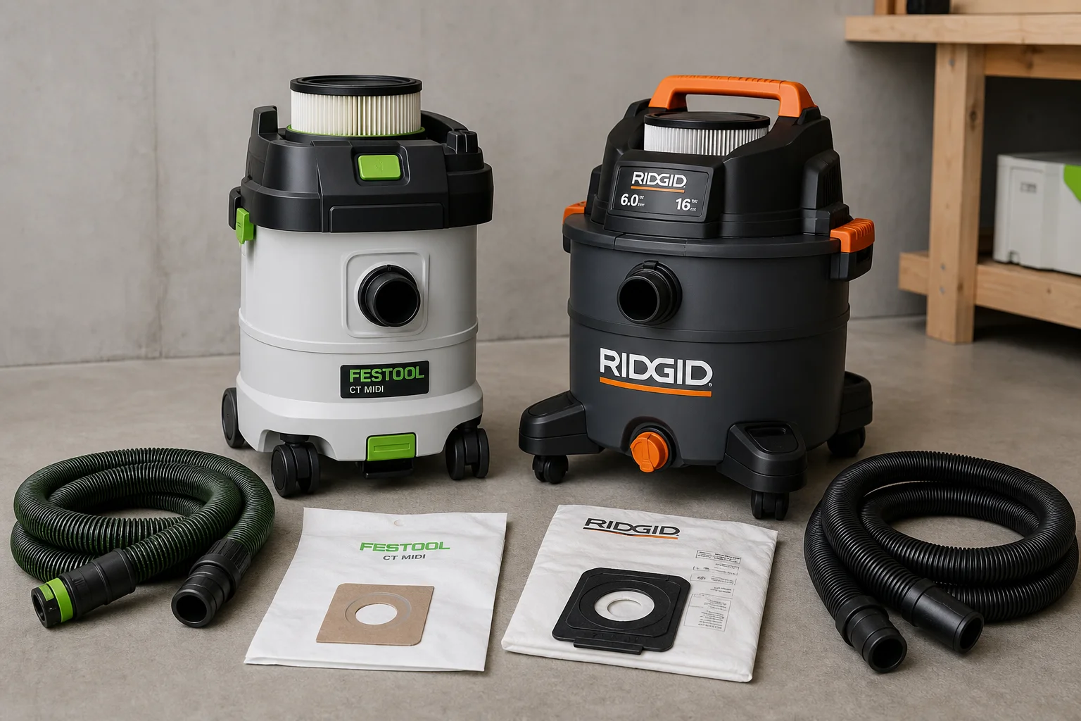 Festool and Rigid shop vacuums with bags and hoses on workshop floor