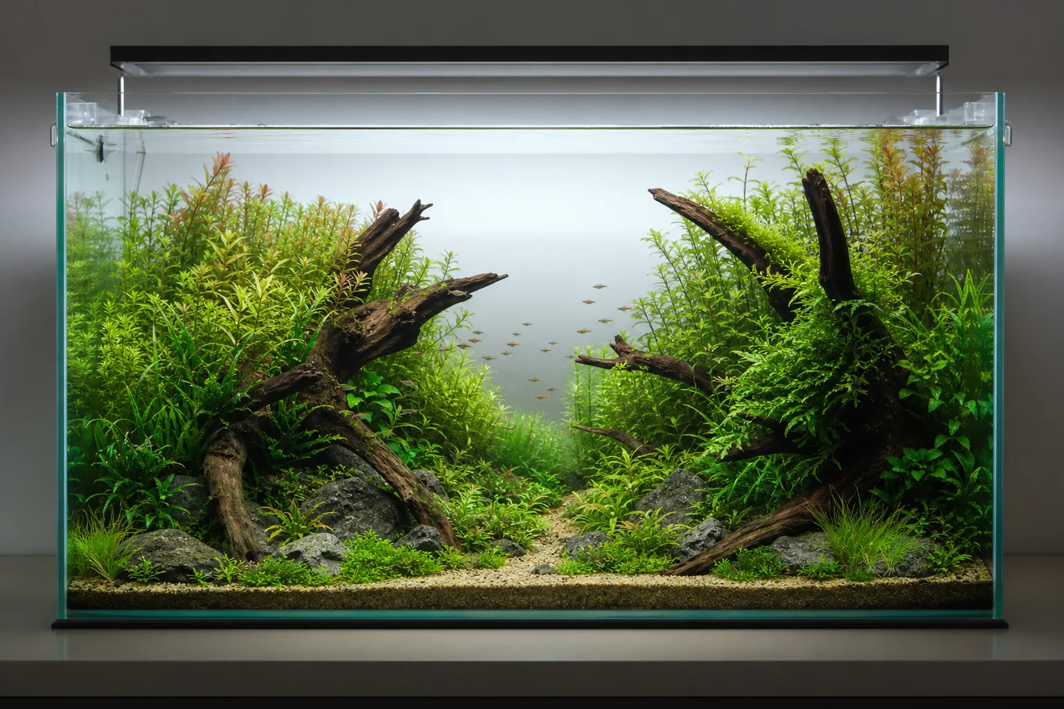 種植茂密水草與硬景觀的淡水水族缸