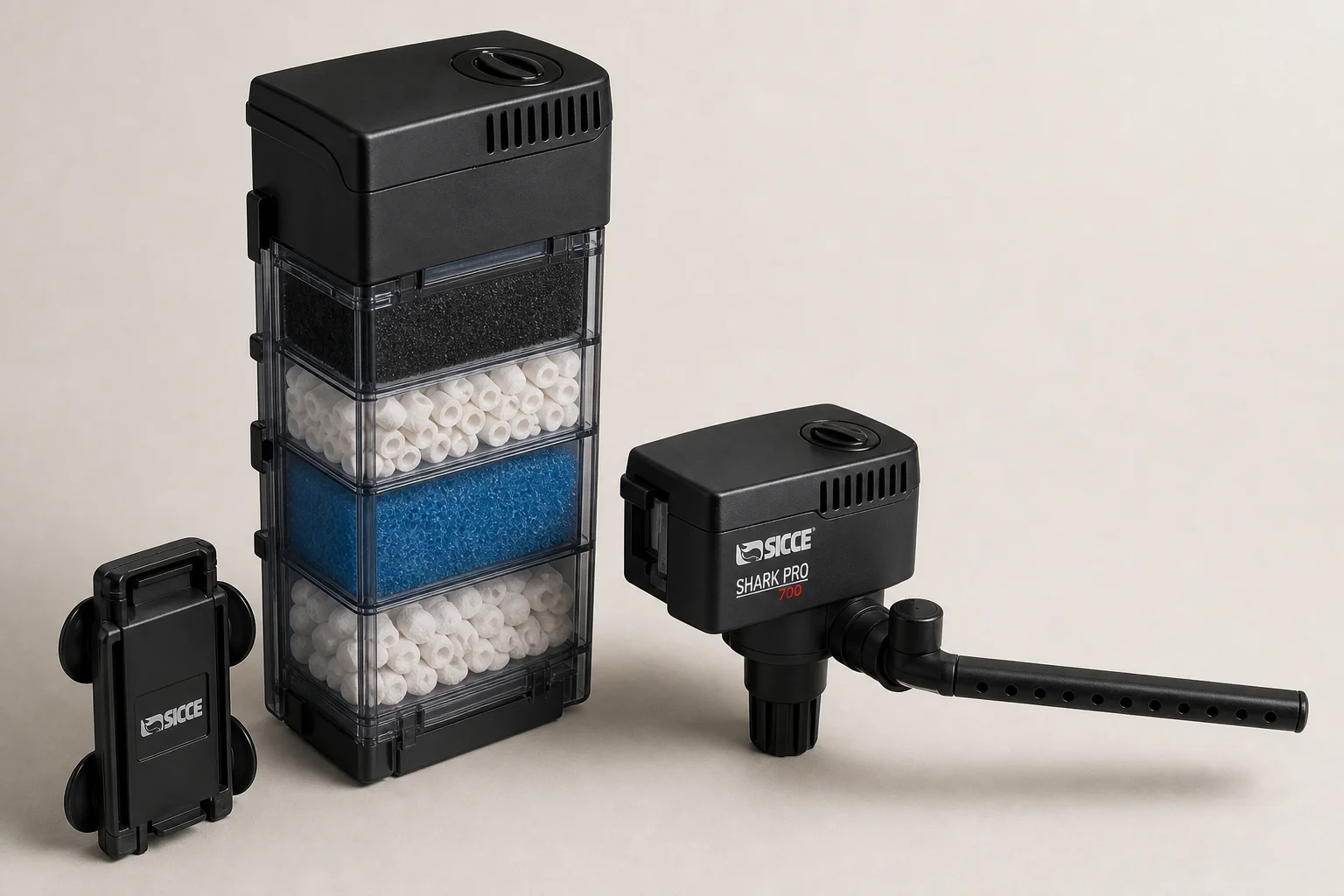 Sicce Shark Pro 700 沉水過濾器，具備模組化濾材槽與雨淋管