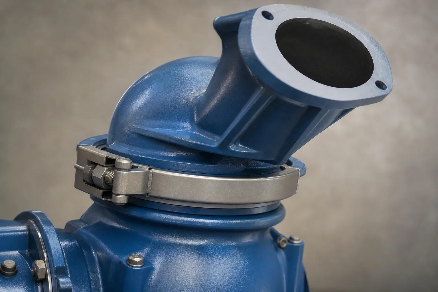 Close-up of rotating pump volute with outlet port pointing in different direction