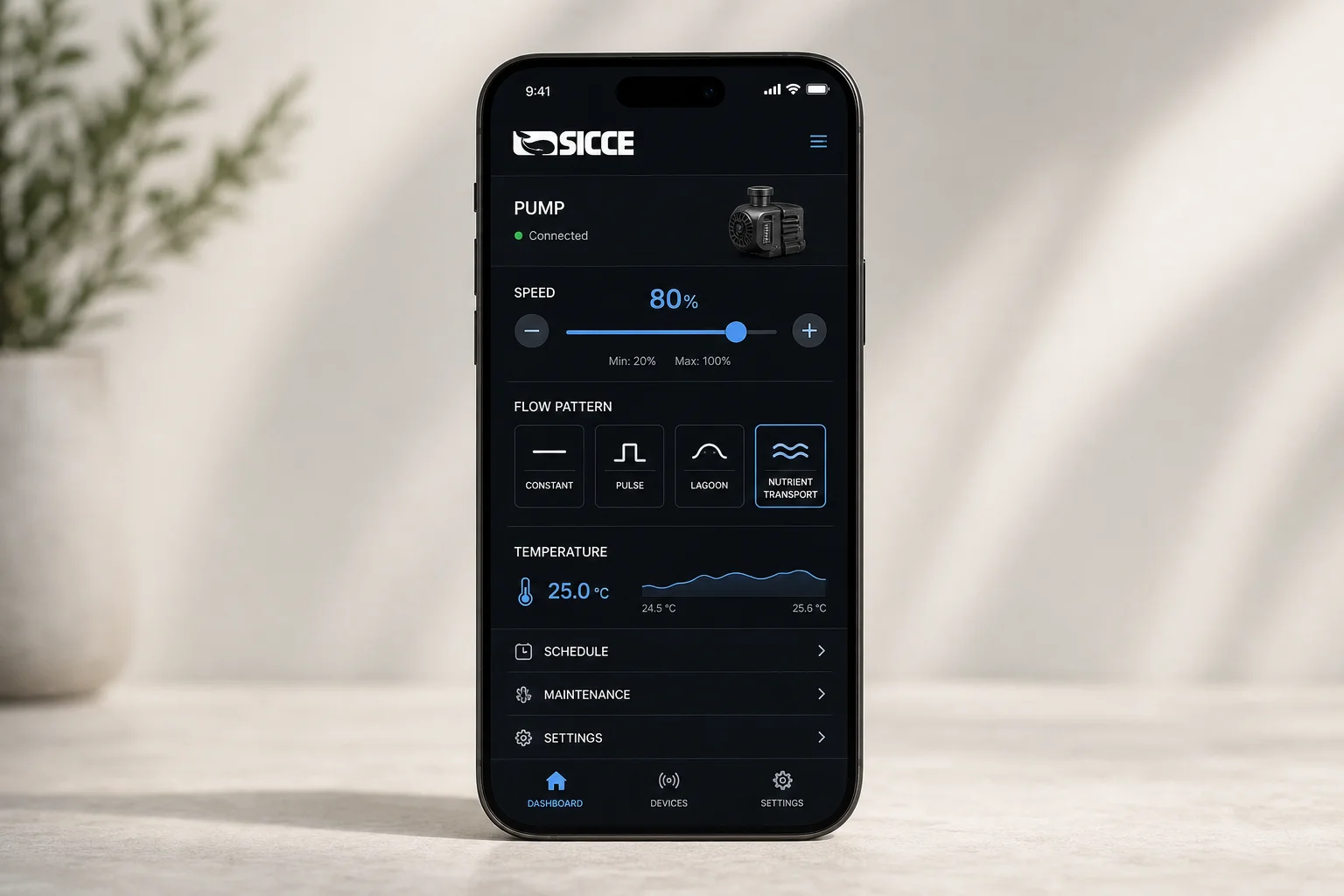 Smartphone displaying Sicce control app with pump speed and flow pattern settings