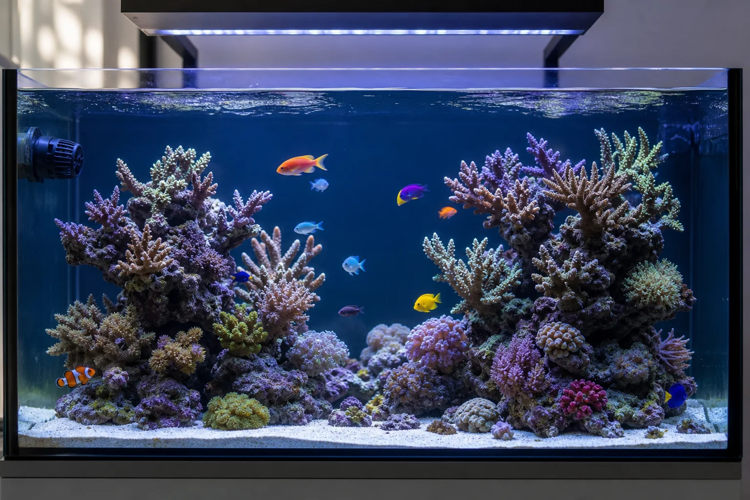 充滿活力的珊瑚礁水族箱,清澈藍水中游動著珊瑚與魚類