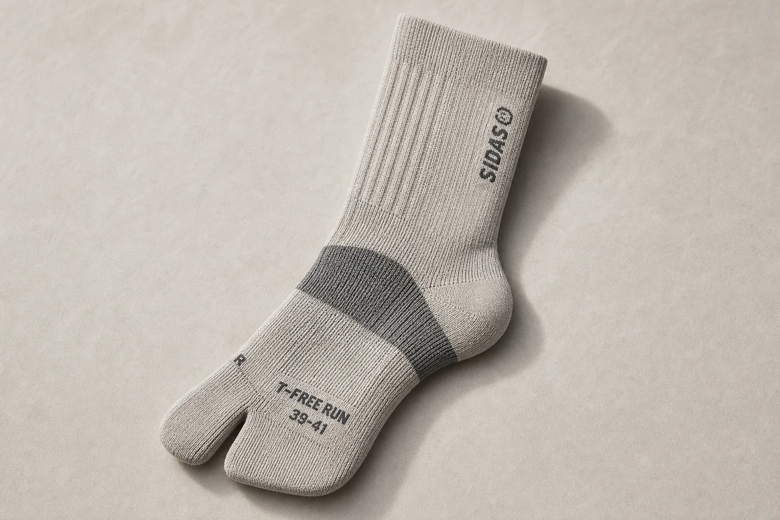 Collection of running socks in various colors and styles arranged on concrete surface