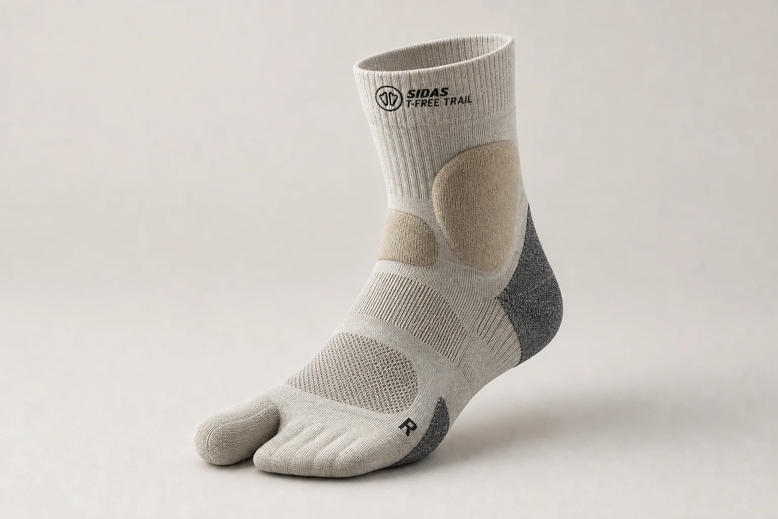 Collection of running socks in various colors and styles arranged on concrete surface