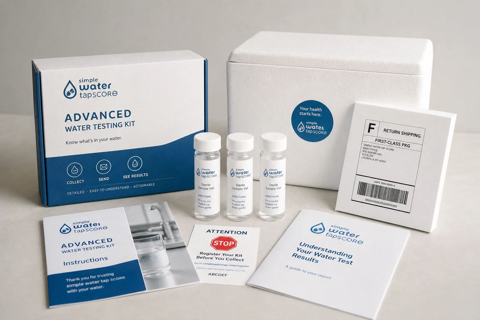 Collection of water test kits including strips, digital photometer, and test tubes on grey surface