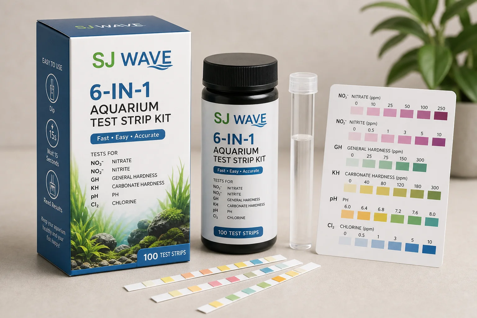 Collection of water test kits including strips, digital photometer, and test tubes on grey surface