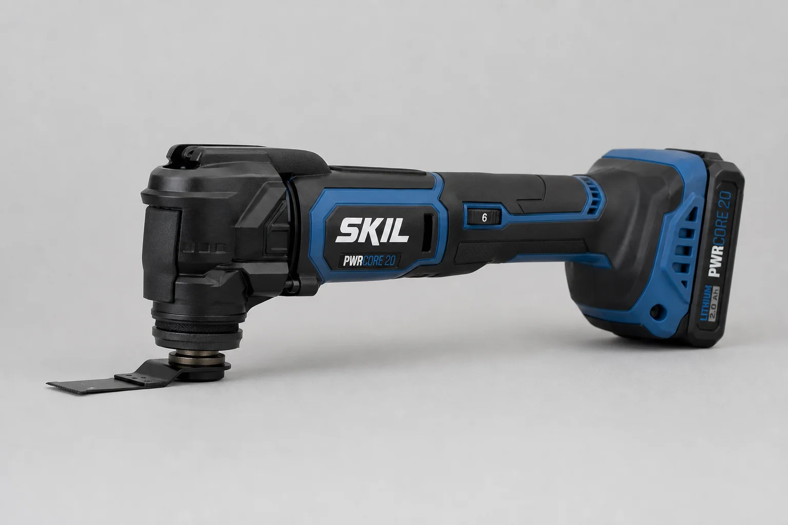 Five cordless oscillating multi-tools arranged in a row on neutral backdrop