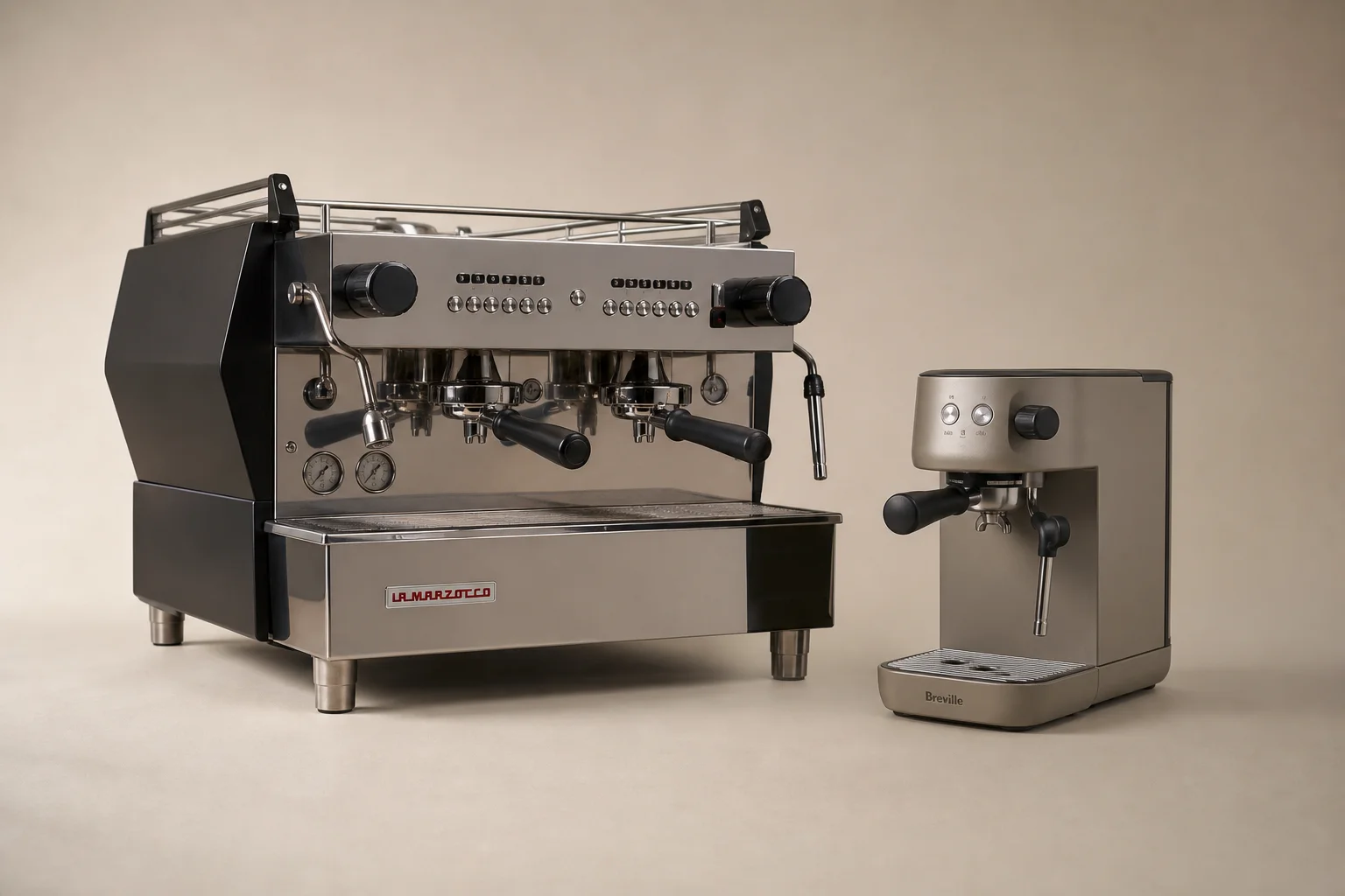 專業的 La Marzocco 濃縮咖啡機與小巧的 Breville Bambino 並排在素色背景前