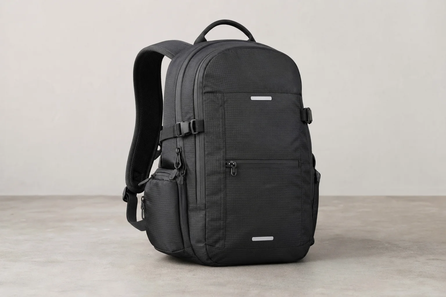 Five waterproof backpacks lined up on concrete surface showing different designs and materials