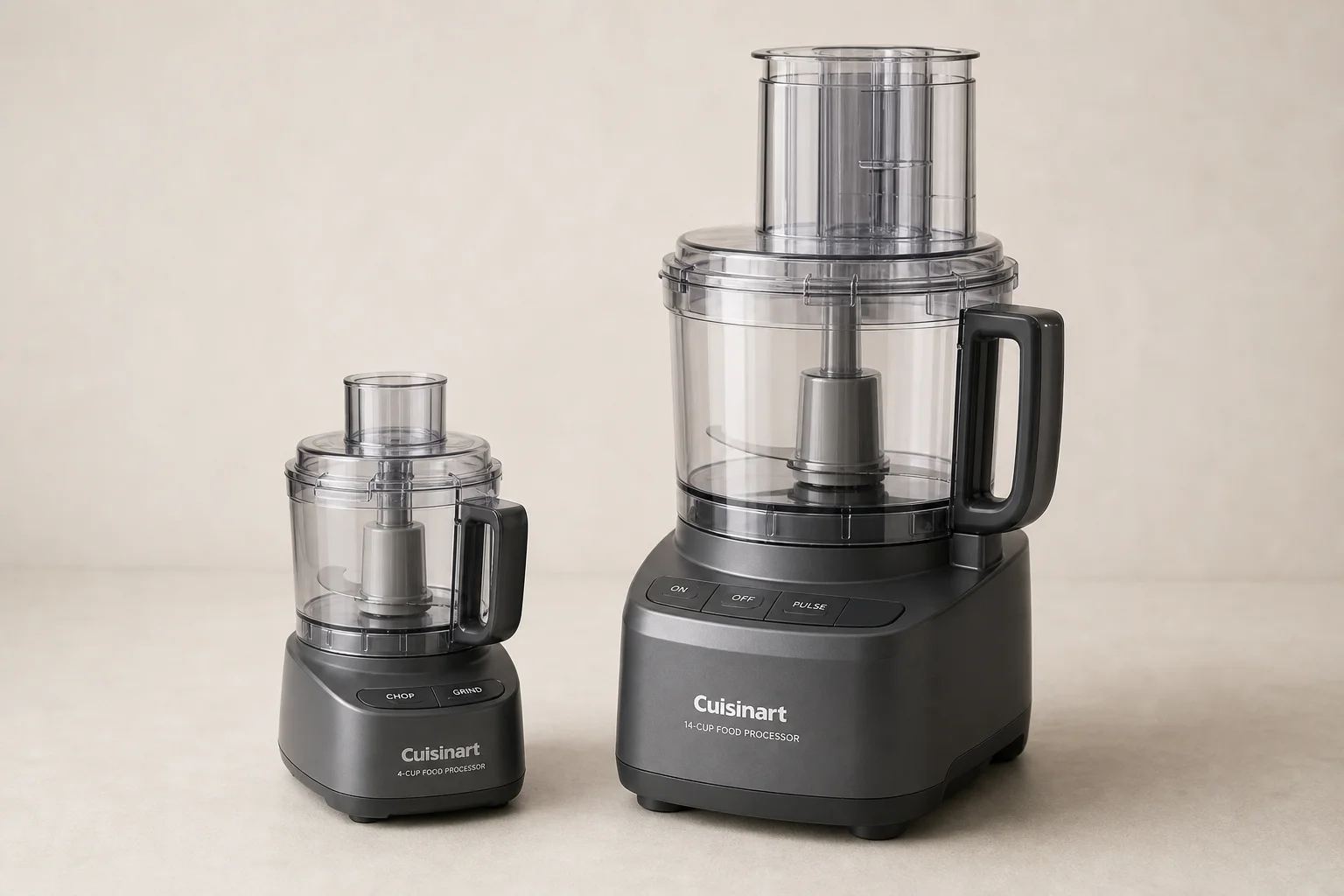 並排擺放的小型與大型 Cuisinart 食物處理機，展示尺寸差異
