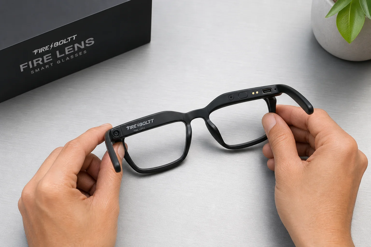 從上方俯瞰 Fire-Boltt Fire Lens 眼鏡，展示鏡框與控制按鍵