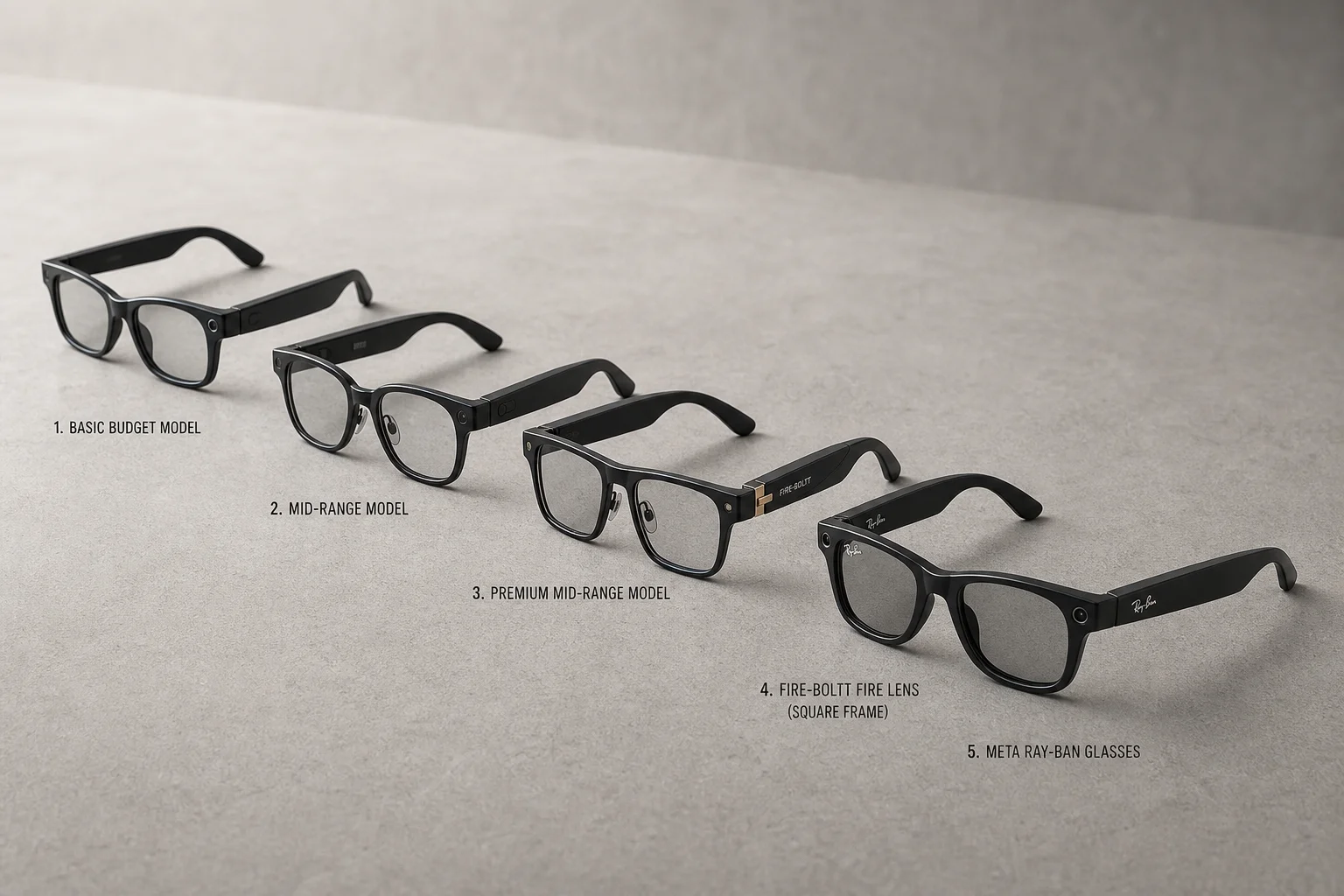 五款智慧眼鏡陳列在水泥表面上，展示從入門到高階的產品範圍