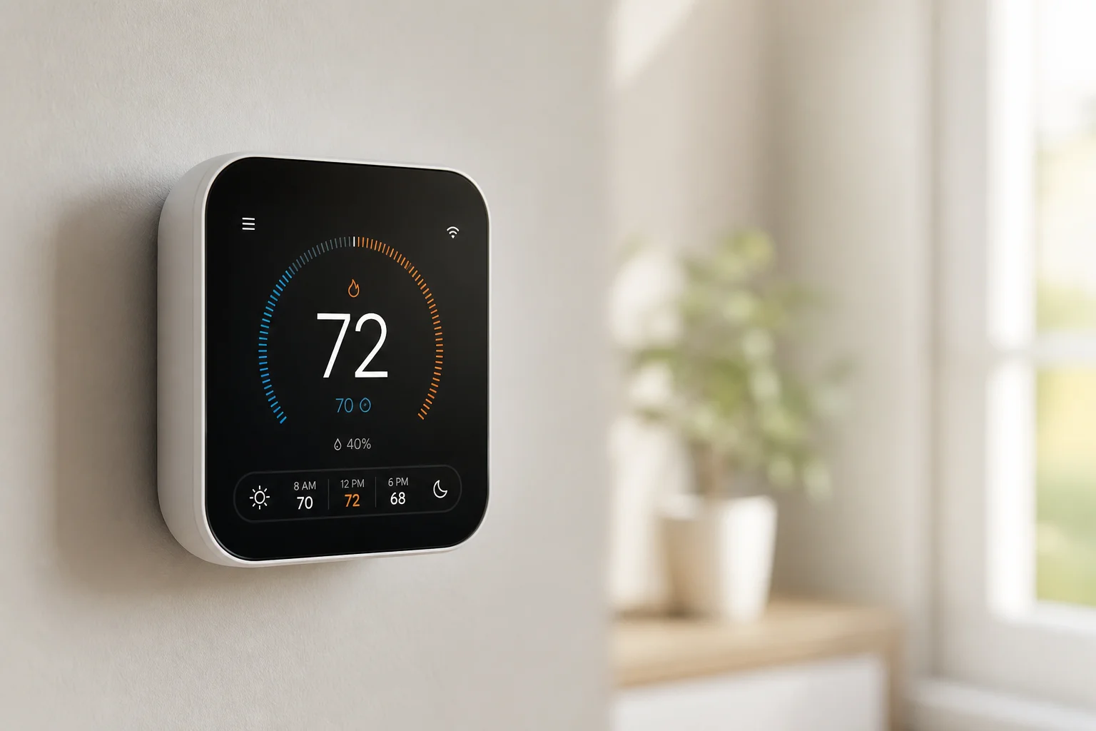 Modern smart thermostat mounted on white wall with display