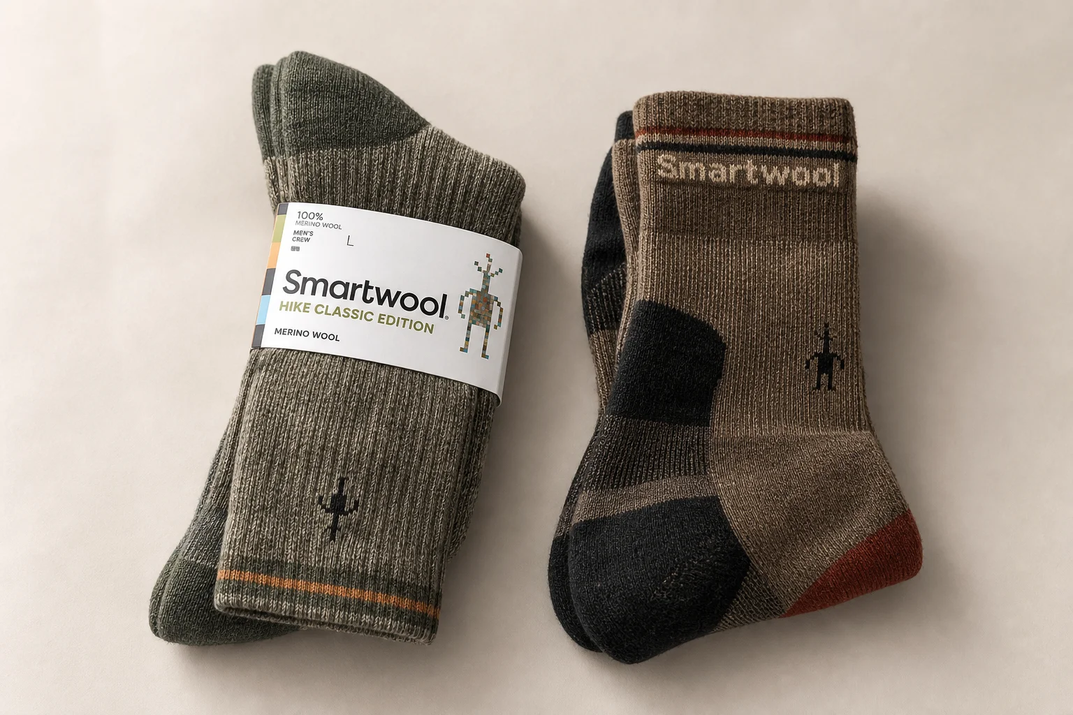 Collection of hiking socks in various styles and materials on neutral backdrop