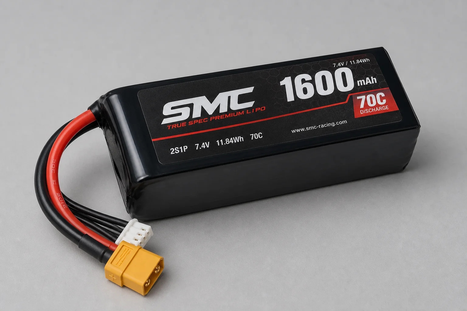 三顆 LiPo 電池組排列在水泥地面上，展示了 CNHL、Ovonic 與 SMC 等型號