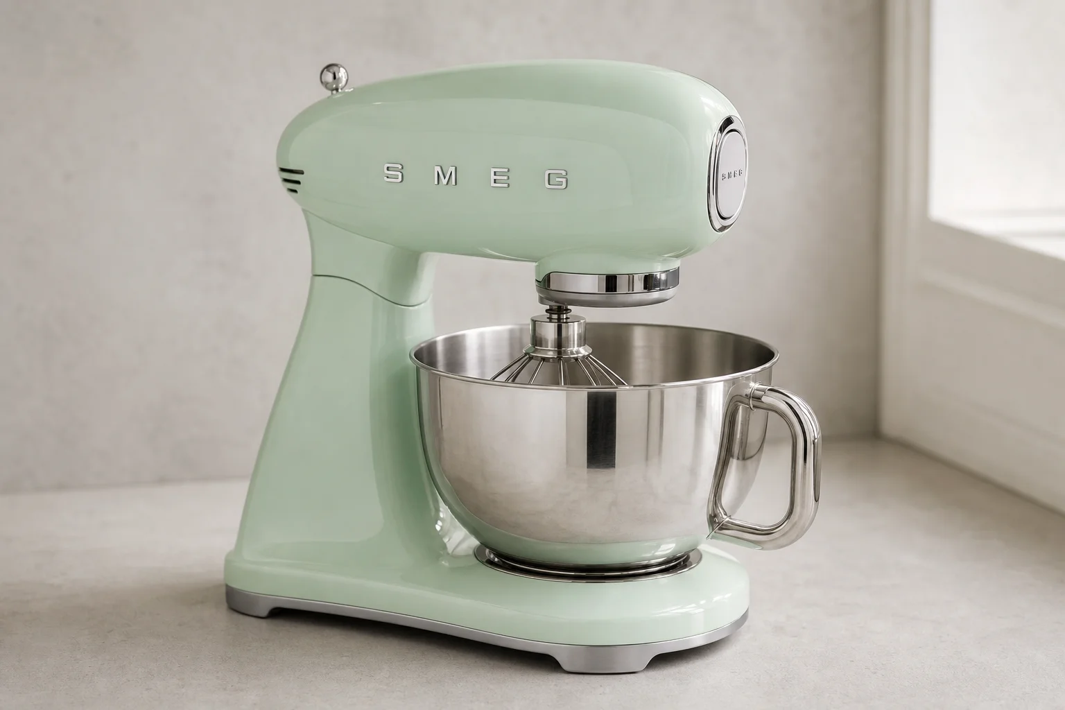 KitchenAid Artisan 與 Smeg Retro 桌上型攪拌機並排放在大理石檯面上