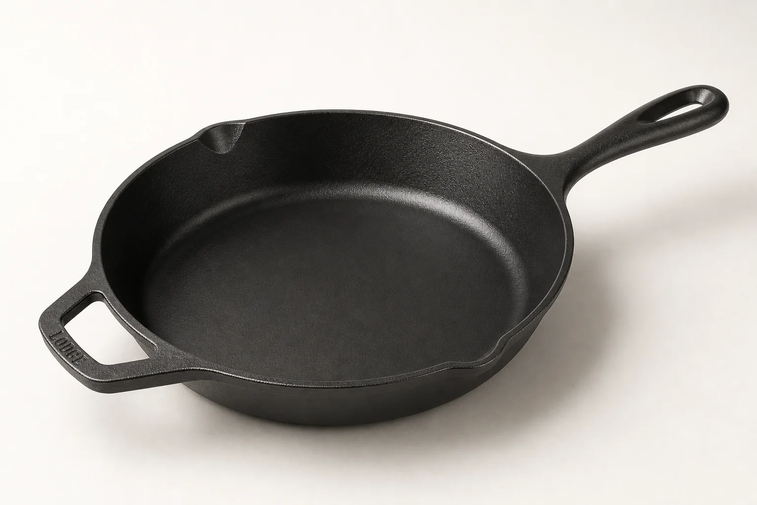 Two 12-inch cast iron skillets on concrete surface showing different finishes